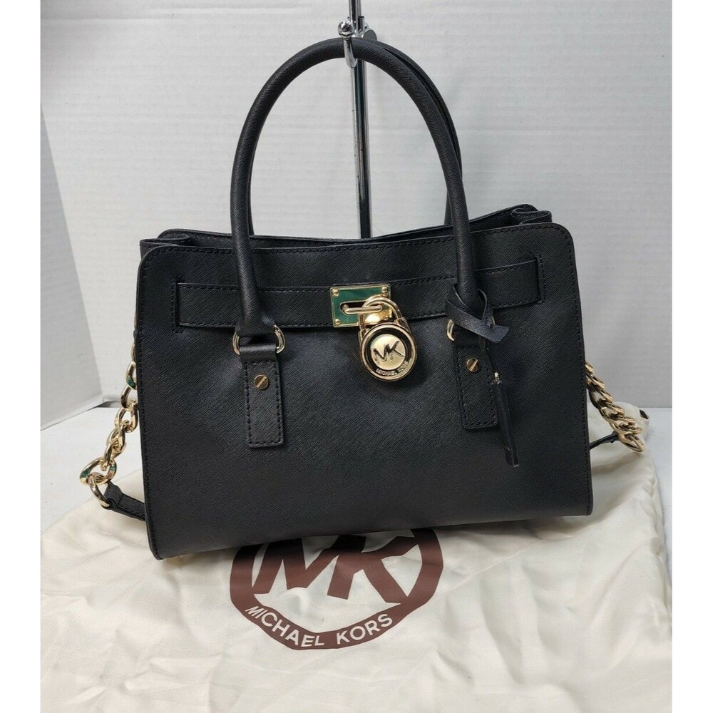 Michael Kors Hamptons Saffiano Leather Black Satchel Gold